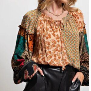 easel Multicolor Boho Patchwork Peasant Blouse - Teal, Rust, Cream